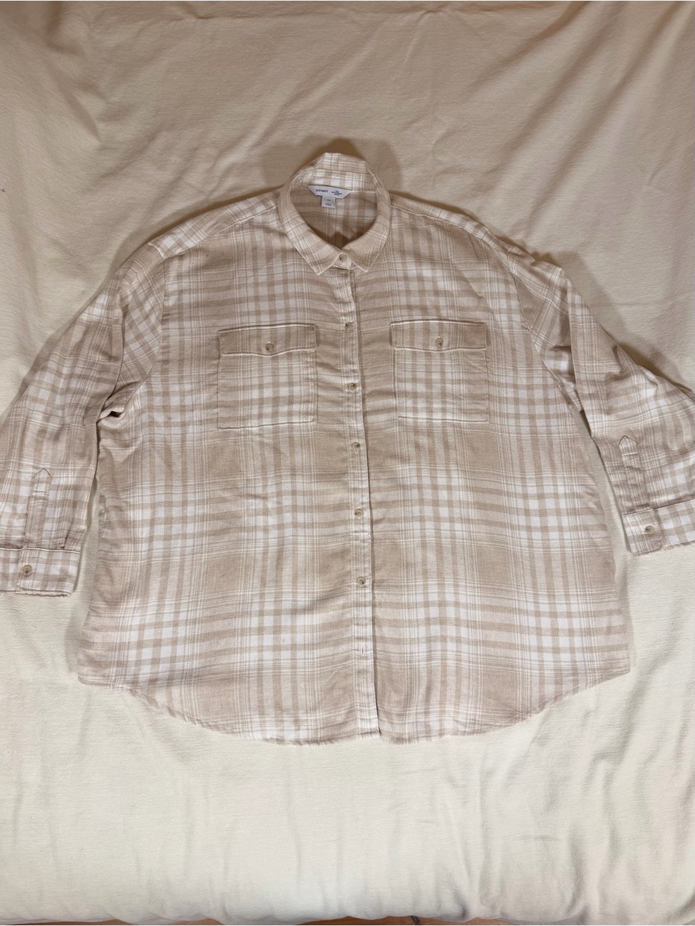 Old Navy Boyfriend Shirt 2X Beige Plaid Cotton Button Up